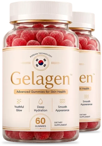 Gelagen advanced gummies for skin health, showing the Korean technology roundel and the sixty gummy count