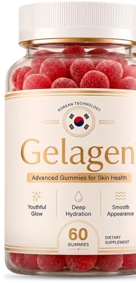 A bottle of Gelagen advanced gummies for skin, hair and nails
