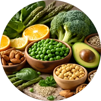 Leafy greens, citrus, beans, broccoli and avocado, foods that carry folate